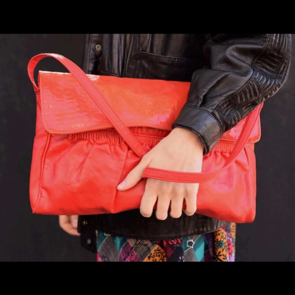 1980s Vintage red leather shoulder/ clutch bag.